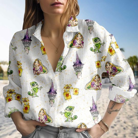 Discover Disney Rapunzel Casual Blouse Shirt, Tangled Pascal Blouse Shirt, Princess Linen-Look Shirt, Disney Park Outfit Gift for Her