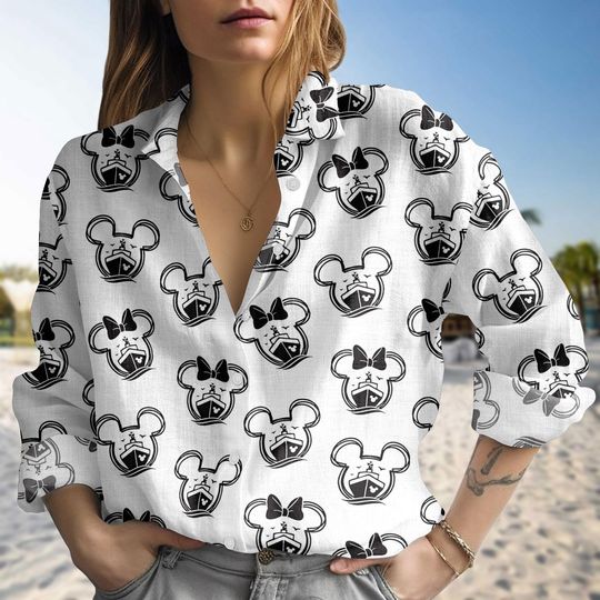 Discover Disney Mickey Minnie Cruise Casual Blouse Shirt, Black White Minnie Mouse Blouse Shirt, Disney Cruise Outfit Top, Disney Trip For Her