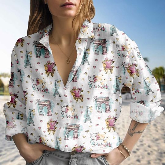 Discover Disney Marie Paris Blouse Casual Shirt, Aristocats Blouse Shirt, Eiffel Tower Cat Linen-Look Shirt, Cute Paris Outfit, Gift for Her