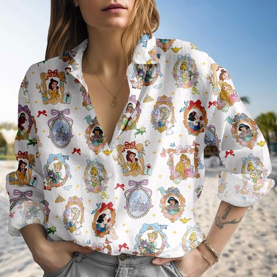 Disney Princess Floral Coquette Bow Casual Women Shirt, Disneyland Flower Princess Blouse Shirt, Belle Aurora Moana Cinde Shirt