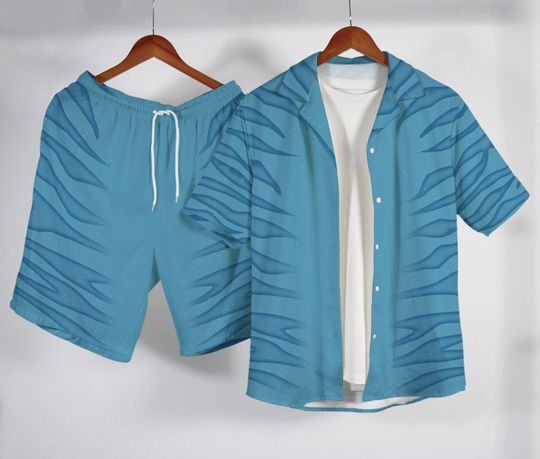 Avatar Fire and Ash Hawaiian Shirt Set with Shorts, Pandora Ocean Blue Summer Beach Outfit, Na'vi Inspired Button-Up Shirt