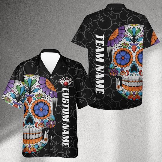 Discover Personalized Bowling Hawaiian Shirt, Sugar DOTD Skull Button Up, Custom Name & Team Name, Funny League Gift for Men Women