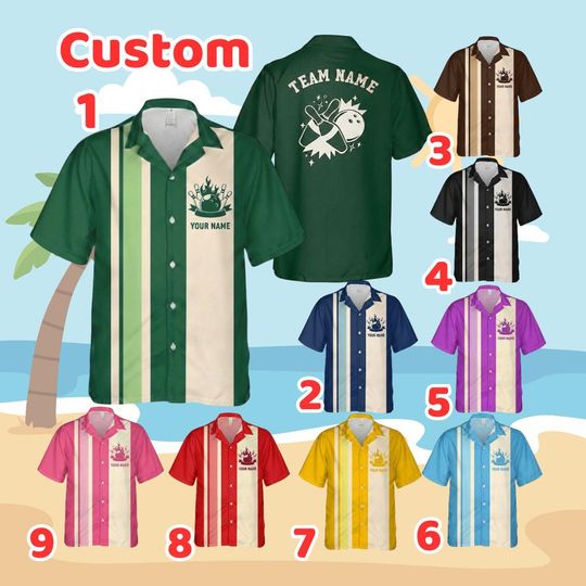 Discover CUSTOM Bowling Team Print Hawaiian, Retro Summer Vacation Shirt, Vintage Sport Team, Custom Name & Team, Bowling Lover Tee, Gift For Bowler