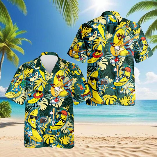 Discover Funny Banana Hawaiian Shirt for Men | Tropical Fruit Cartoon Aloha Shirt | Funky Summer Party Beach Shirt