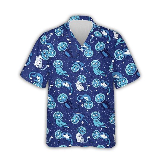 Astronaut Cat Hawaiian Shirt, Space Cat Aloha Shirt, Funny Galaxy Kitty Button Down, Night Sky Summer Outfit Gift