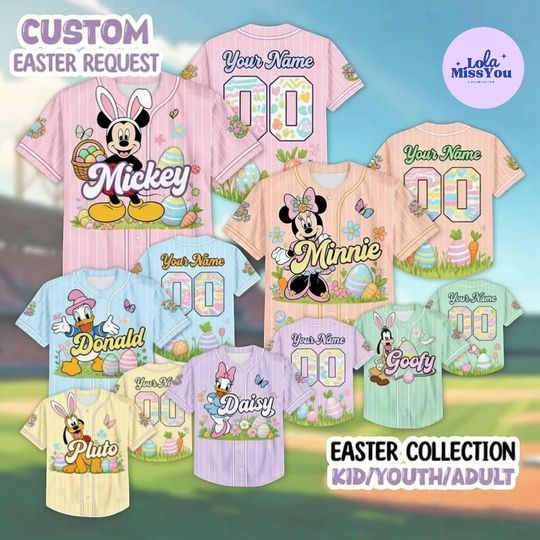 Discover Custom Easter Baseball Jersey Shirt with Mickey, Minnie, Donald, Daisy, Goofy, Pluto - Pastel Bunny Family Outfit