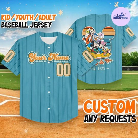 Discover Personalized Mickey Friends Baseball Jersey Blue Stripe, Custom Name Number Disney Fan Button Shirt