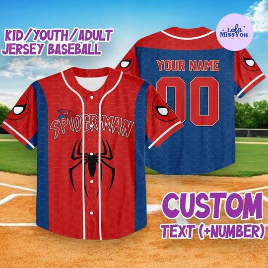 Discover Personalized Spiderman Baseball Jersey Red Blue, Marvel Button Shirt Custom Name Number, Kids Youth Adult Superhero Fan Gift