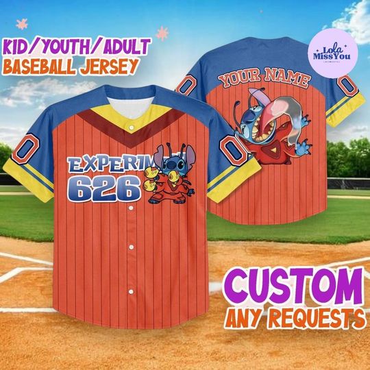 Discover Personalized Stitch Baseball Jersey, Custom Name Shirt, Experiment 626 Blue Red Jersey for Kids Youth Adult