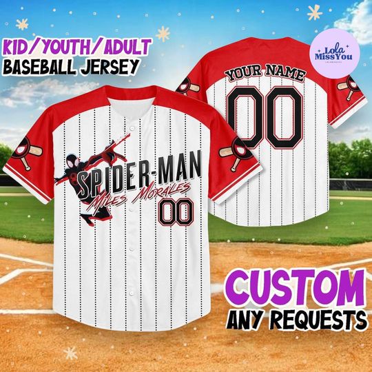 Discover Personalized Spider Baseball Jersey, Custom Name Shirt, Red White Miles Style Jersey for Kids Youth Adult