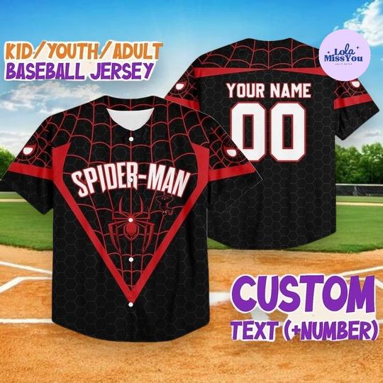 Discover Personalized Black Spider Baseball Jersey, Custom Name and Number Shirt, Red Web Hero Jersey