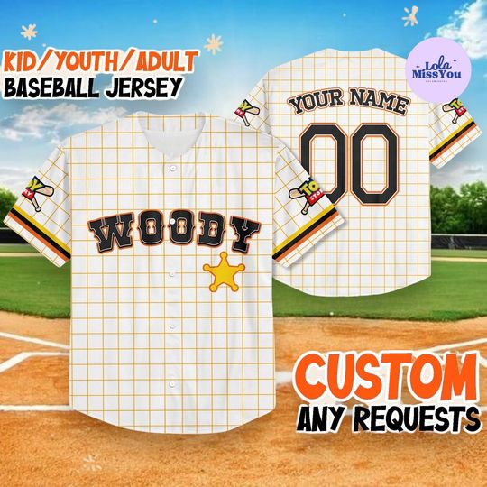 Discover Personalized Woody Baseball Jersey, Custom Name Shirt, Yellow Grid Cowboy Jersey for Kids Youth Adult