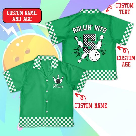 Discover Kids Bowling Birthday Shirt, Personalized Rollin Into Birthday Shirt, Custom Name And Age Bowling Party Shirt, Retro Checkered Bowling Shirt