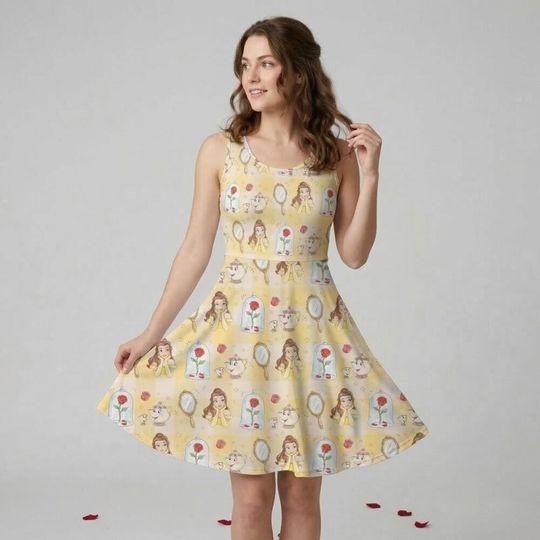 Golden Rose Skater Dress, Yellow Plaid Belle Mirror Print, Beauty and the Beast Bound Outfit, Garden Party Princess Dress 2026