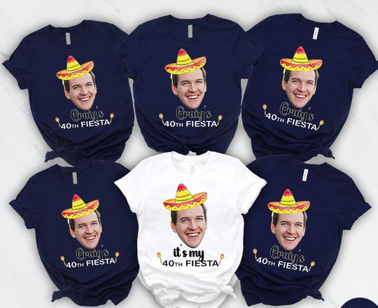 Discover Custom Fiesta Birthday Shirt, Personalized Face Tee for Men or Women, Funny Sombrero Party Shirt, Custom Age Cinco de Mayo Shirt