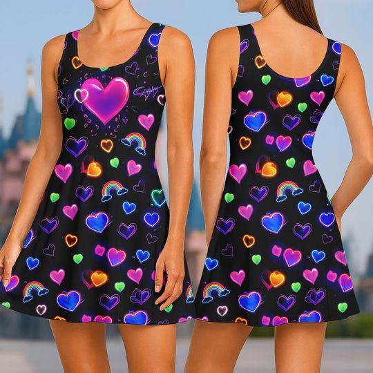 Discover Neon Heart Skater Dress, Colorful Love Rainbow Print Sling Dress, Pink Neon Valentine Sleeveless A Line Dress, Cute Party Outfit For Wo