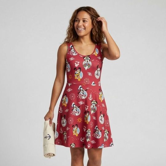 Discover Nautical Sailor Skater Dress Red, Mickey Minnie Cruise Team Print, Disney Wish Fantasy Magic Outfit, Summer Vacation Cruise Wear 2026
