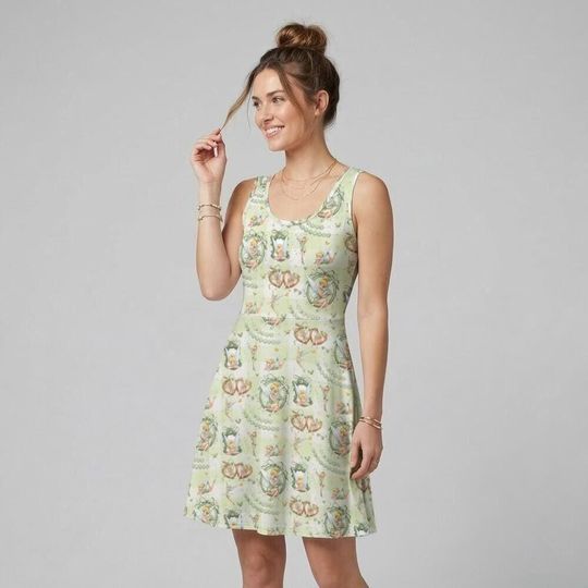Springtime Fairy Skater Dress Women Kids, Green Gingham Tinkerbell Mirror Print, Coquette Aesthetic Disney Outfit, St Patricks Day 2026