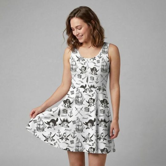 Discover Sketch Pirate Skater Dress, Mickey Mouse Pirate Night Cruise Wear, Black and White Nautical Print, Adventure Vacation Outfit 2026