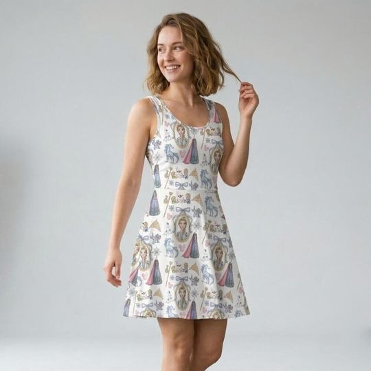 Frosty Queen Skater Dress, Watercolor Mirror Print, Elsa Anna Olaf Aesthetic Outfit, Winter Vacation Disney Bound 2026