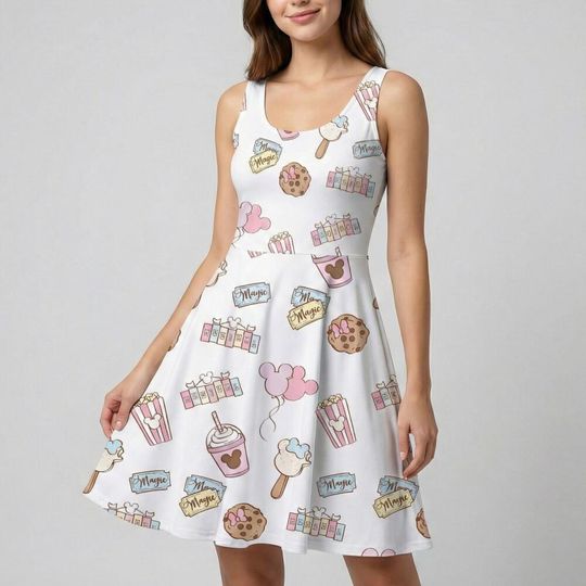 Discover Sweet Treat Pattern Skater Dress, Mickey Mouse Snack Outfit, Main Street Foodie Costume, Disney World Waffle Ice Cream Clothing Gift