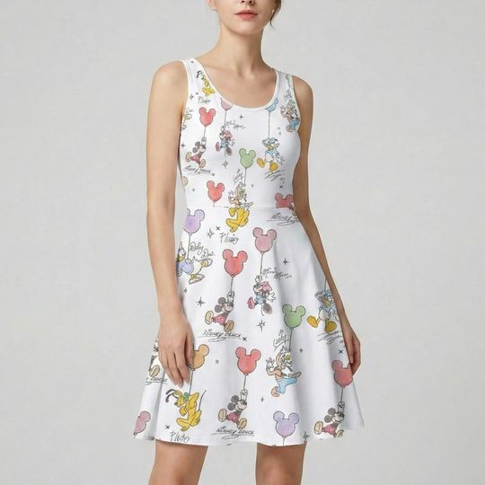 Discover Vintage Sketch Art Skater Dress, Mickey Mouse Balloon Outfit, Retro Disney Park Costume, Magic Kingdom Birthday Party Clothing
