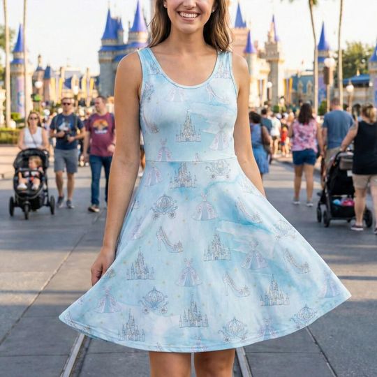 Discover Dreamy Light Blue Watercolor Cinde Skater Dress, Glass Slipper Carriage Castle Outfit, Magic Kingdom Disneybound Princess Party Gift