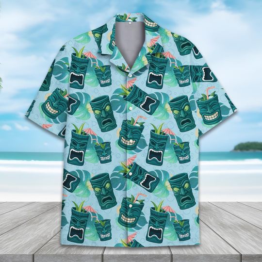 Discover Blue Tiki Mug Hawaiian Shirt Men Women Youth, Tropical Aloha Tiki Shirt, Summer Beach Party