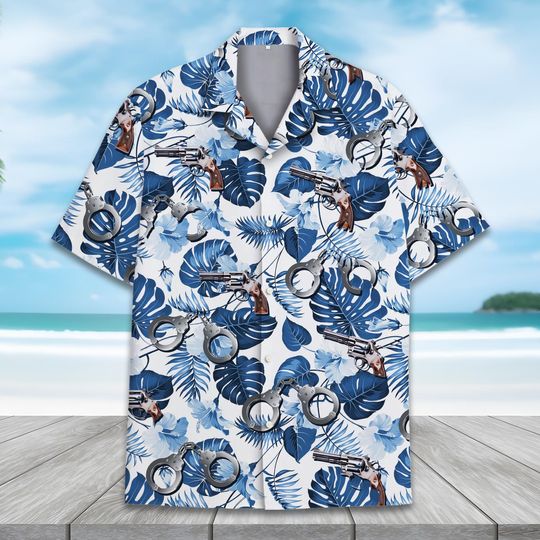 Police Hawaiian Shirt for Men Women, Funny Law Enforcement Officer Aloha Shirt with Guns and Handcuffs