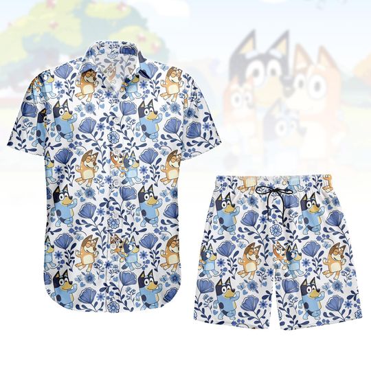 Discover Dogs Print Hawaiian Shirt, Cartoon Button Shirt, Kids Show Men Shorts, Hawaii Outfit, BlueyDad Dogs Matching Set, Kids Swim Wear