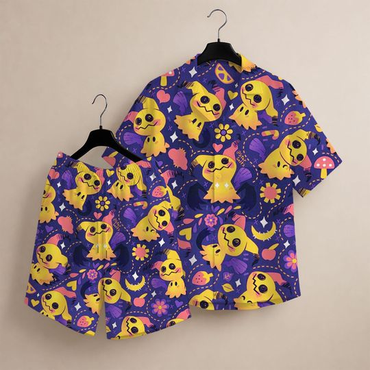 Mimikyu PKM Hawaiian Shirt Short, Cute Spooky Kawaii Aloha Shirt & Shorts, Chibi Ghost PKM Summer Beach Outfit, Anime Fan Gift
