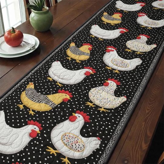 Country Chicken Quilted Table Runner, Farmhouse Hen Polka Dot Decor, Black and White Rooster Table Topper, Rustic Poultry Kitchen Artwork