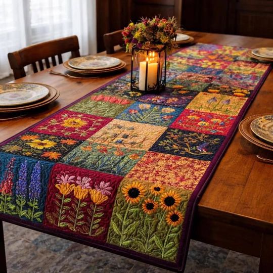 Wildflower Patchwork Quilted Table Runner, Botanical Farmhouse Decor