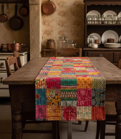 Vintage Kantha Patchwork Table Runner, Handmade Quilted Boho Runner, Rustic Farmhouse Dining Table Decor, Kantha Style Cotton Runner