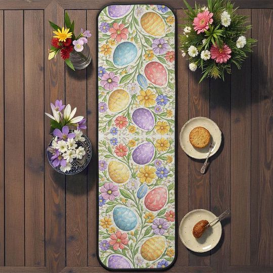 Vibrant Easter Egg Quilted Table Runner, Spring Floral Table Decor, Colorful Patchwork Quilt Easter Home Decor Holiday Dining Room Gift Idea