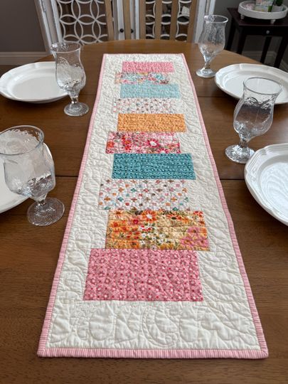 Quilted Floral Table Runner, Spring Easter Centerpiece, Pink Aqua Yellow Coral