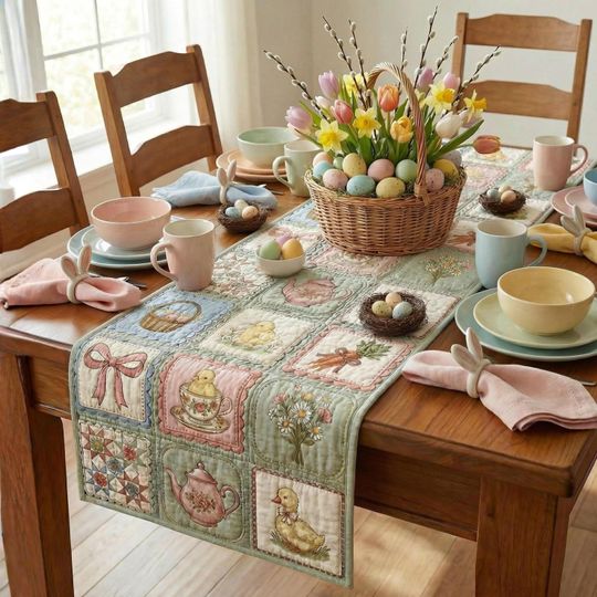 Quilted Easter Table Runner  Pastel Patchwork Print, Spring Decor (