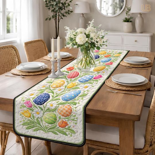 Discover Vibrant Spring Floral and Egg Quilted Table Runner, Colorful Garden Table Decor, Easter Egg Patchwork Quilt, Bright Festive Dining Runner