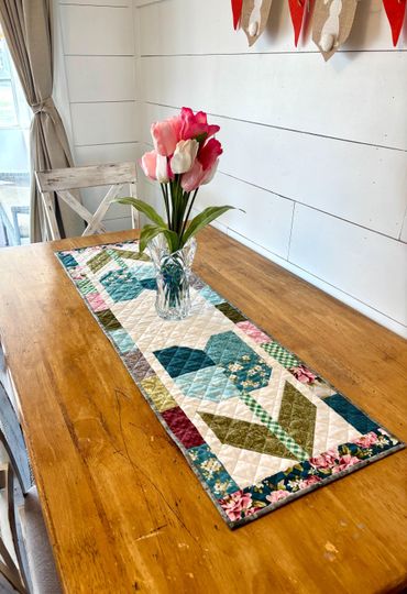 Reversible Quilted Blue Tulip Table Runner | Spring | Summer