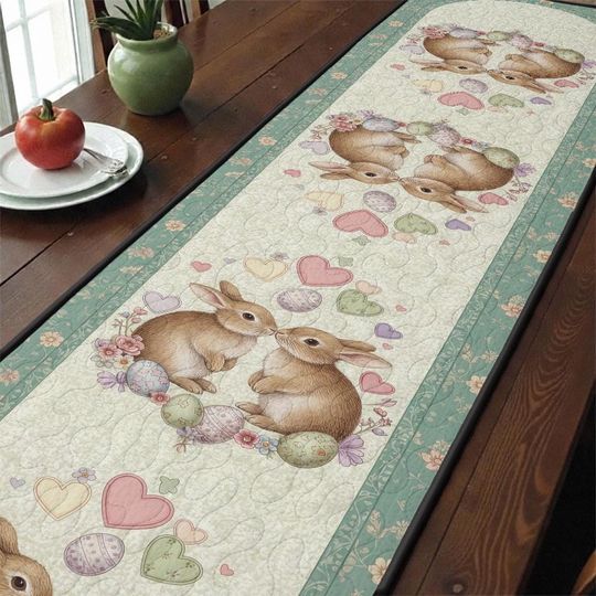 Discover Kissing Bunny Quilted Table Runner, Easter Table Runner Decor, Pastel Rabbit Hearts Eggs Tablecloth, Spring Dining Room Patchwork Quilt Gift