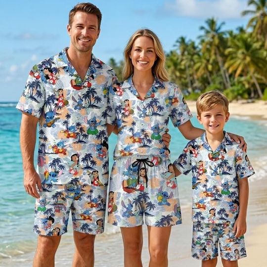 Discover Blue Alien Aloha Hawaiian Shirt, Ohana Button For Men Women, Cartoon Summer Beach Shirt