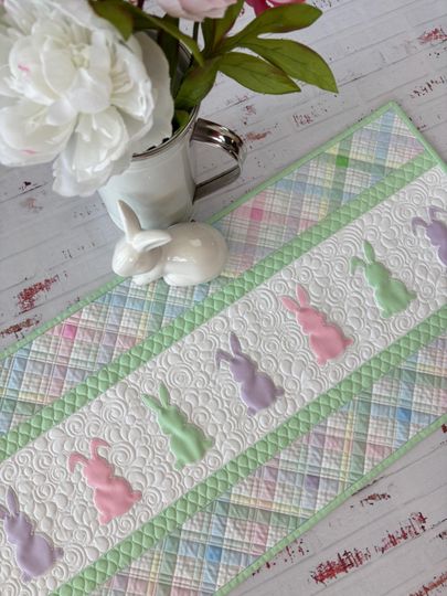 Easter Quilted Table Runner:  Applique Bunny, Pastel Plaid Table Decor