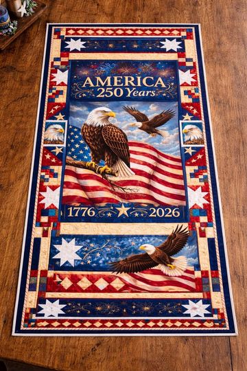 America 250th Anniversary Quilted Table Runner, Patriotic Eagle Design