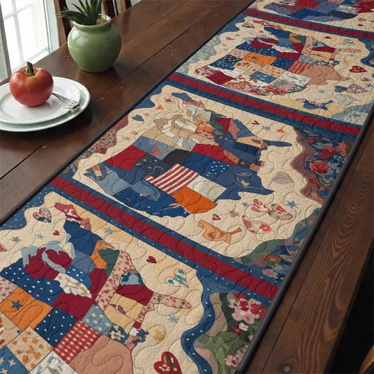 Patriotic USA Map Quilted Table Runner, Americana Red White and Blue Patchwork Table Mat, Rustic Stars and Stripes Fourth of July Decor