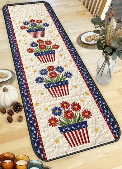 Patriotic Flower Pot Quilted Table Runner, Red White Blue Stars Decor, Americana Floral Kitchen Centerpiece, Fourth of July Table Decoration