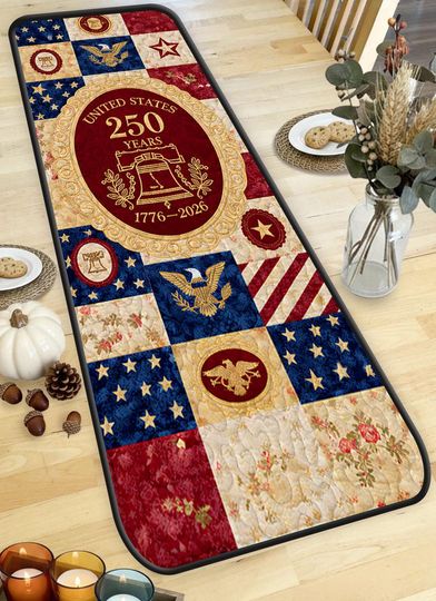 Discover Liberty Bell Heritage Quilted Table Runner, Patriotic Eagle Patchwork Quilt, Red Blue Table Decor, Historical American Dining Centerpiece