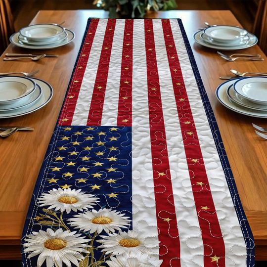 Patriotic Table Runner, USA Flag Table Decor, Red White Blue Table Runner for Dining Table, Memorial Day Patriotic Table Decoration