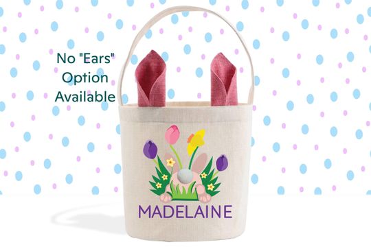 Personalized Easter Bunny Basket with Ears and Pom Pom Tail for Kids, Pink and Blue Options