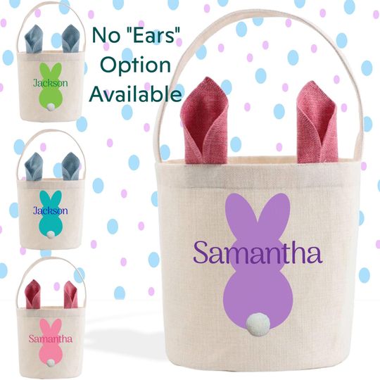 Pink Easter Bunny Ears Bucket Bag with Pom Pom Tail, Personalized Kids Easter Basket, Bunny Ears Gift