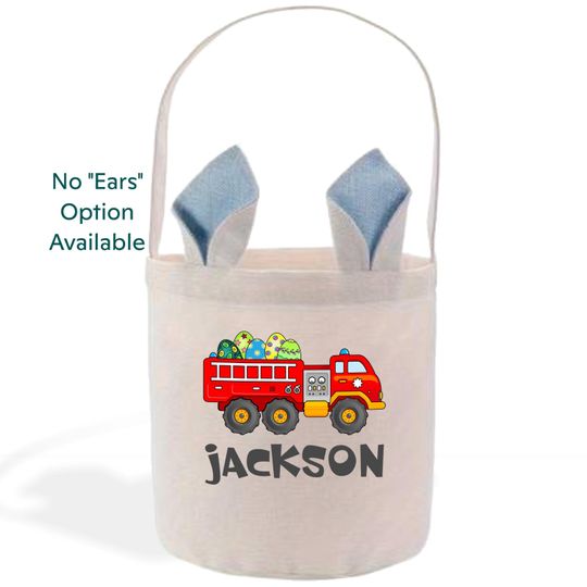 Personalized Easter Basket with Fire Truck, Kids Easter Bunny Bag, Easter Egg Hunt